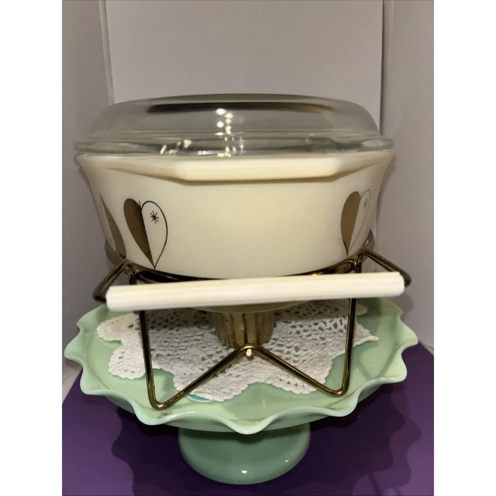 Vintage PYREX Golden Hearts‎ Promotional Casserole 045 2 1/2 Qt W/ Candle Warmer